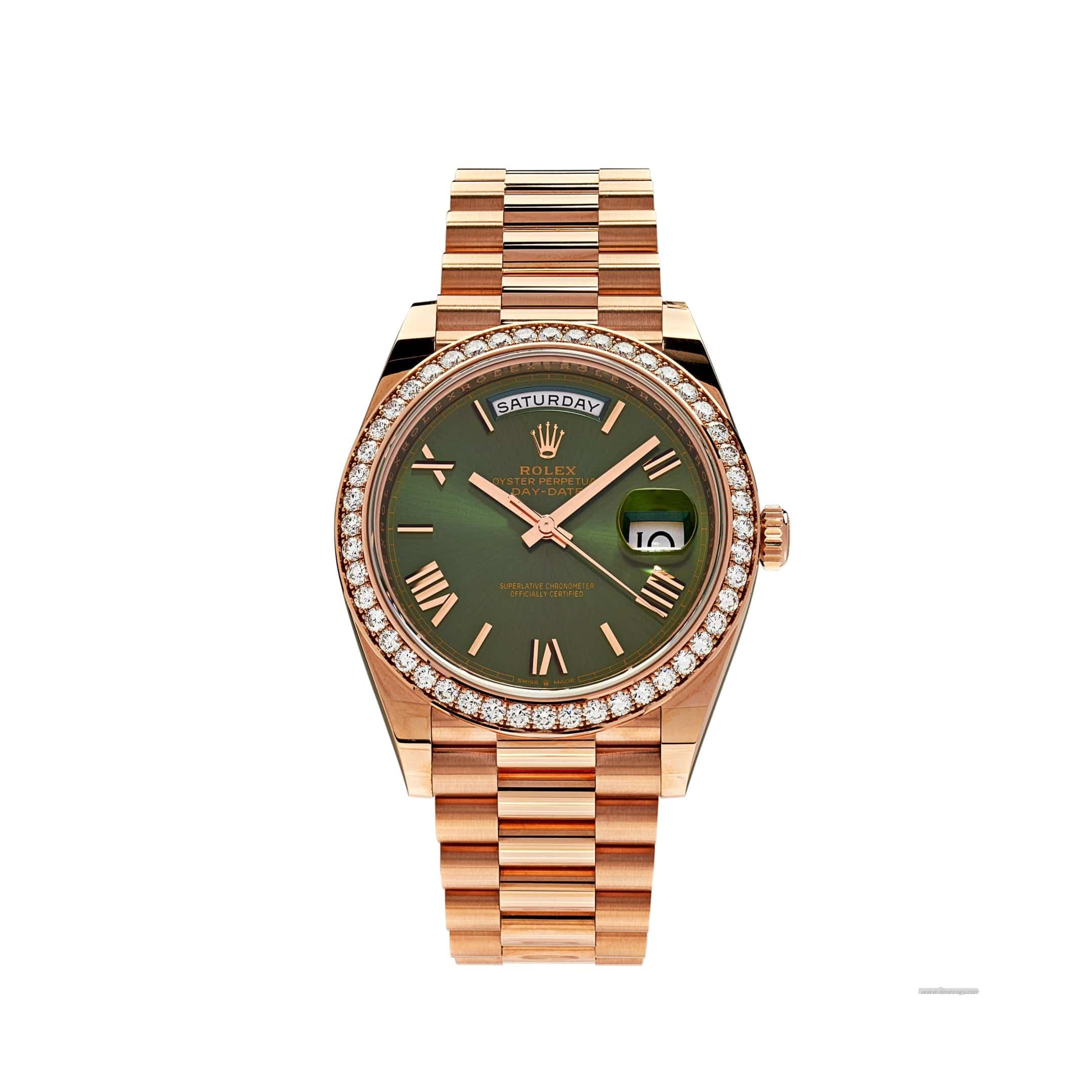 Rolex Day-Date 228345Riced out gold rolexBR Rose Gold Olive Green Dial Diamond Bezel