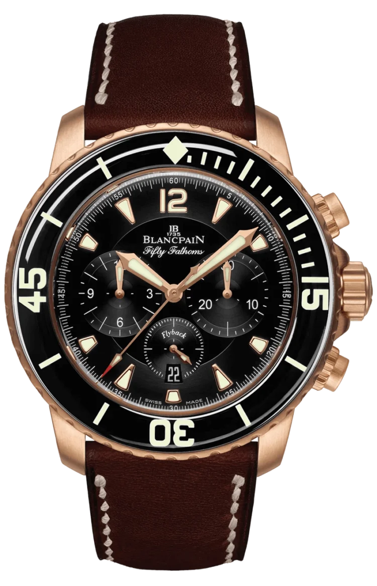 Blancpain Fifty Fathoms Crolex grey facehronographe Flyback Red Gold Leather Mena??s Watch