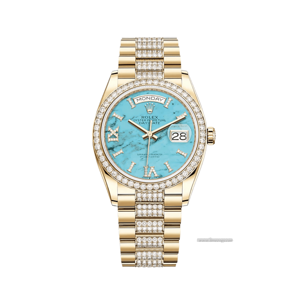 Rolex Day-Date 128348RBR mens rolex green faceYellow Gold Diamond Bezel Turquoise Diamond Dial