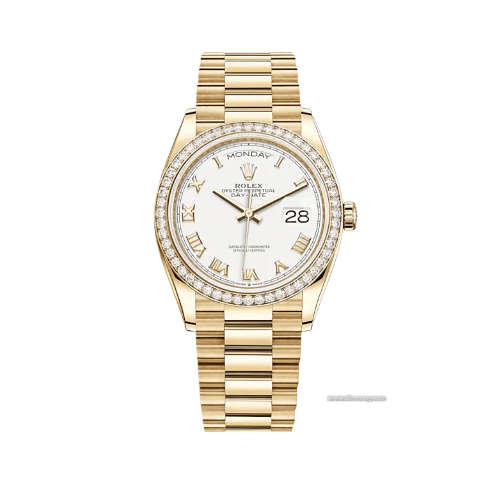 Rolex Day-Date 128348patek nautilus leather strapRBR Yellow Gold Diamond Bezel White Dial