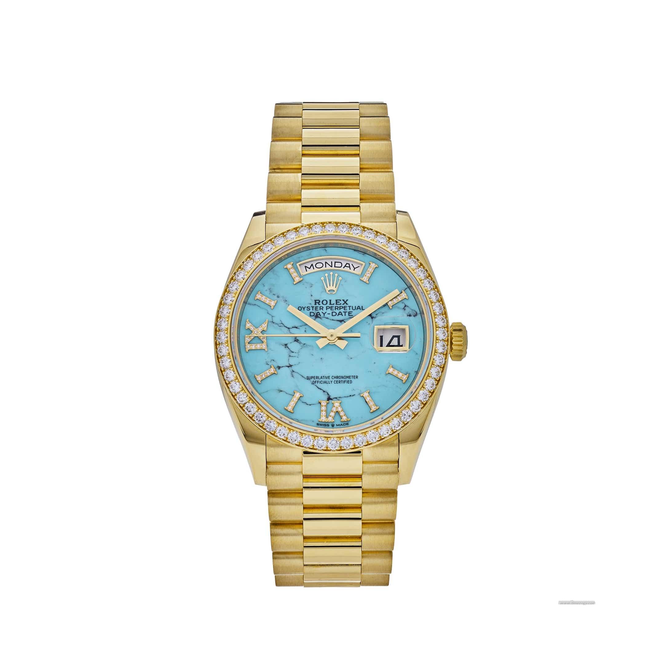 Rolex Day-Date 128348RBR longines 1950s watchesYellow Gold Diamond Bezel Turquoise Diamond Dial