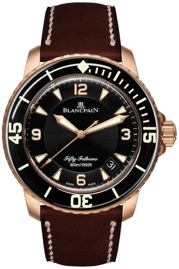 Blancpain Fifty Fathoms Alarge rolex clockutomatique Red Gold Barennia Leather Mena??s Watch