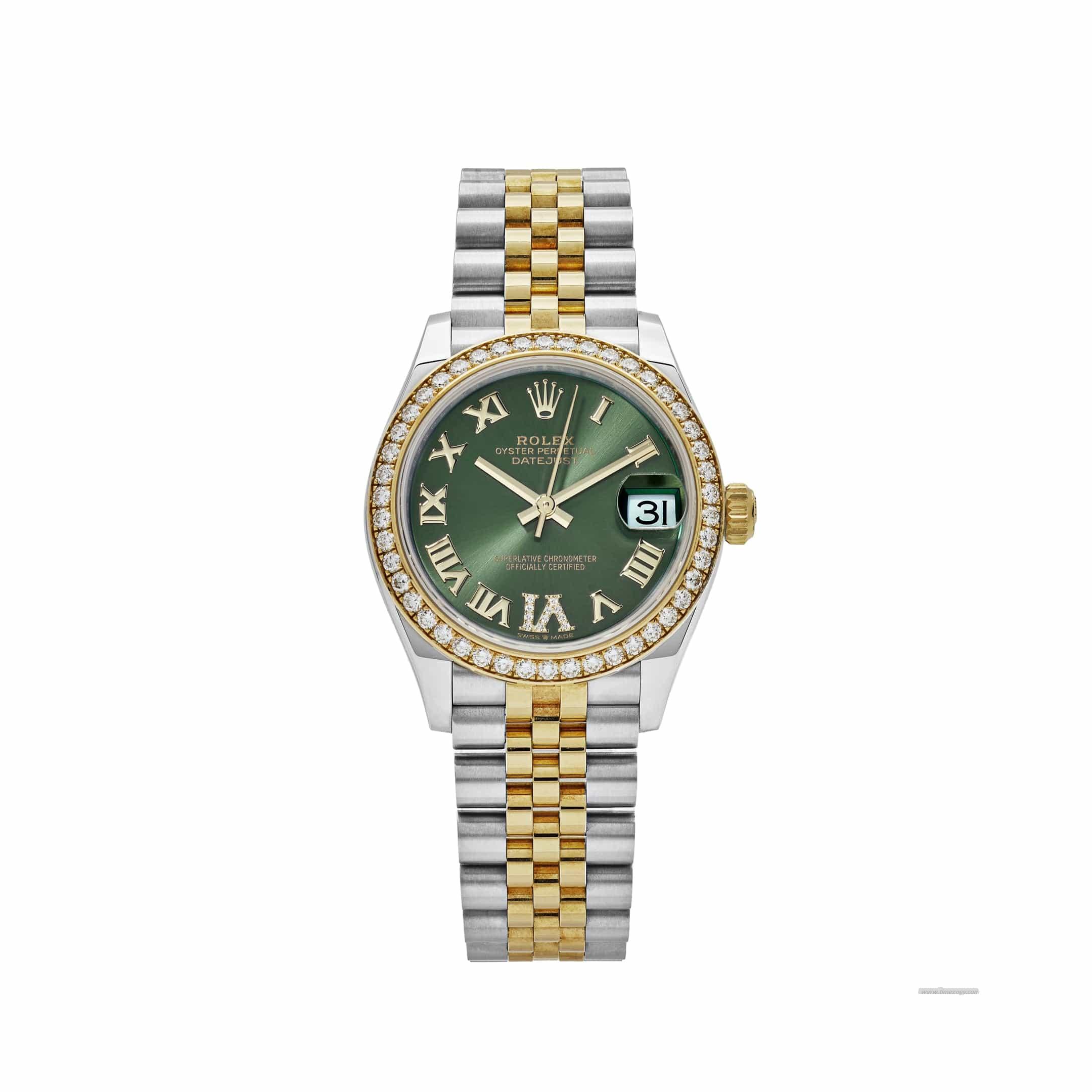 Rolex Datejust 278383RBR Two-Togold presidential rolex diamond bezelned Yellow Gold Stainless Steel Green Roman Dial Diamond Bezel