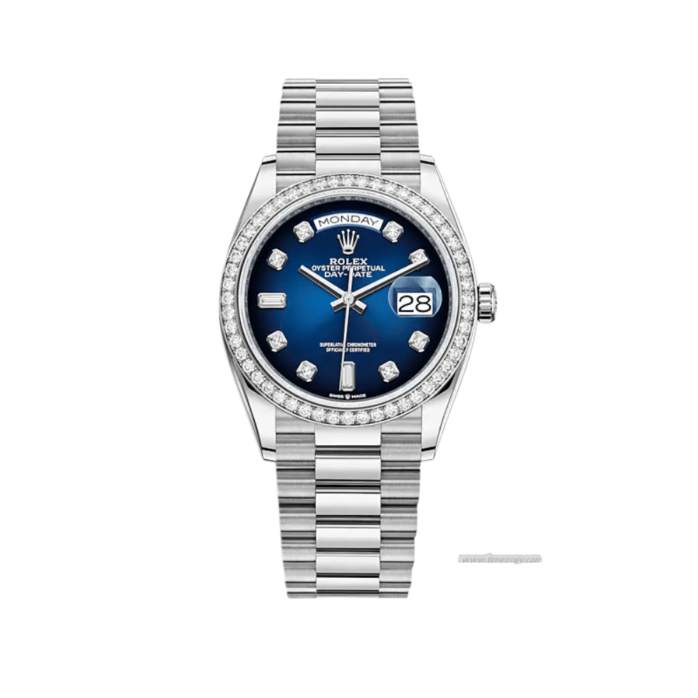 Rolex Day-Date 128349RBR White Gold Blue Dial Diamond Bezel