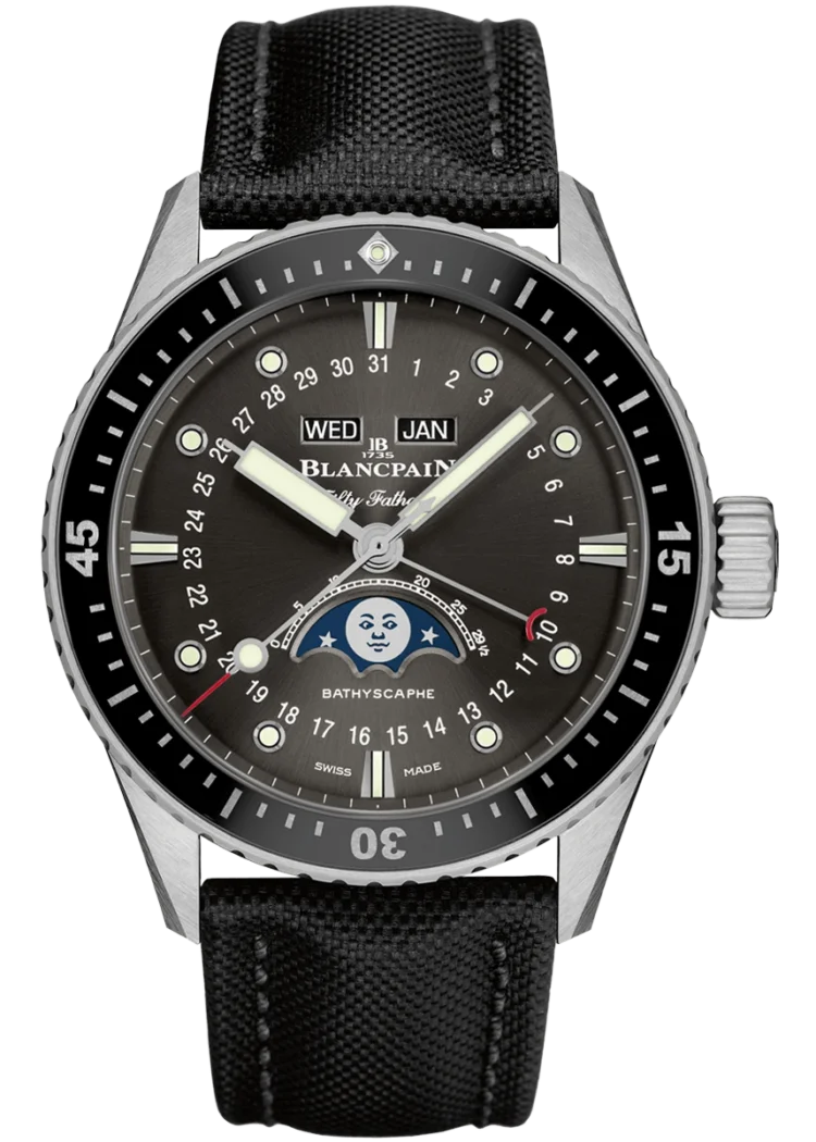 Blancpain Fifty Fathoms Bathyscaphe Quantieme Complet Phases de Lune Steel Canvas Mena??s Watch