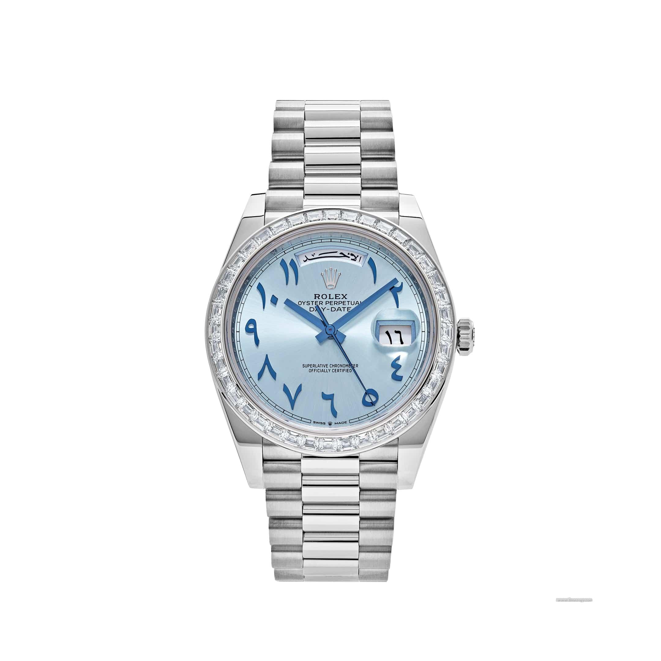 Rolex Day-Date 228396TBiced out audemars piguetR Platinum Ice Blue Arabic Dial Diamond Bezel