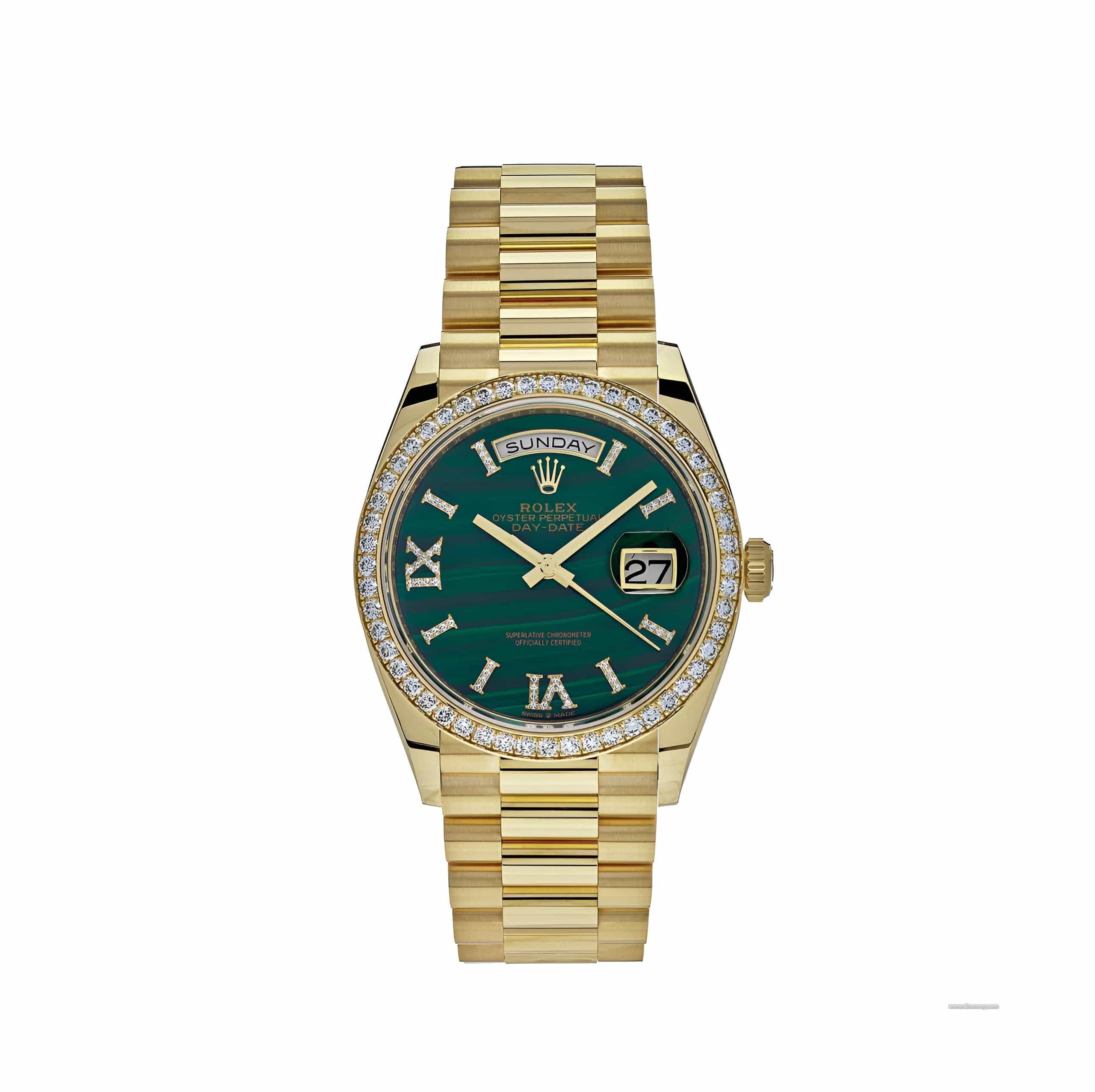 Rolex Day-Date 128348RBRvintage rolex chronograph Yellow Gold Green Malachite Dial Diamond Bezel