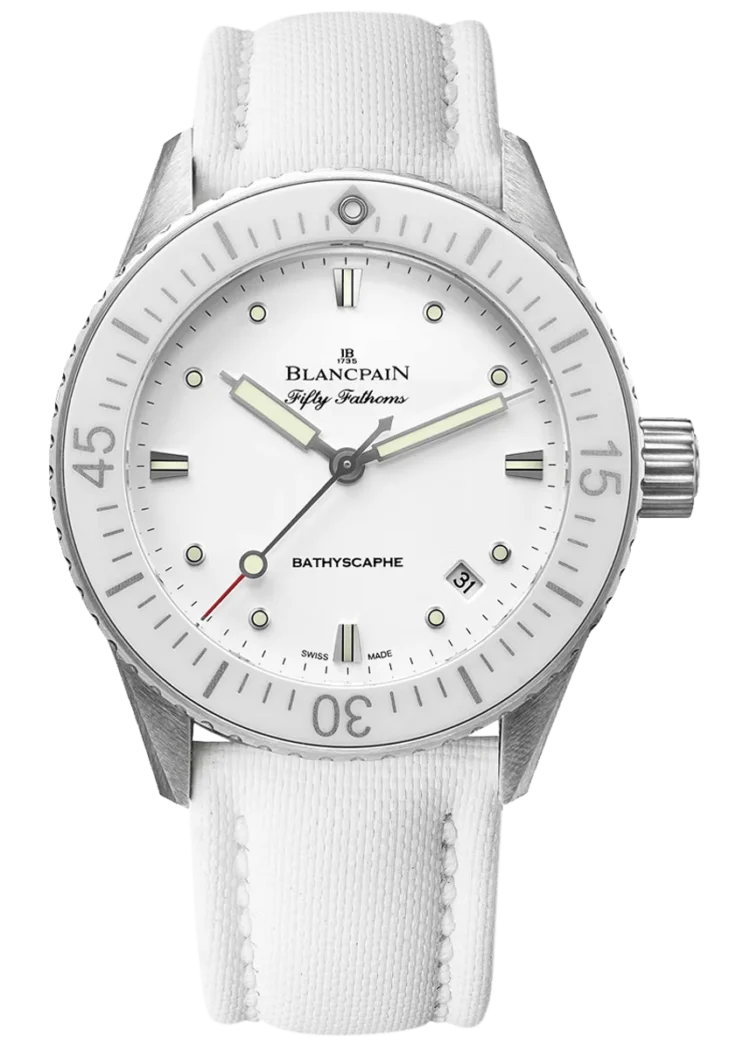 Blancpain Fifty Fathoms Ba18k rolex ringthyscaphe 38mm Ultra-Slim White Canvas Ladies Watch